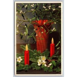 Postcard Christmas Red Candles Burning Mistletoe Posted c1950s from Rome Italy